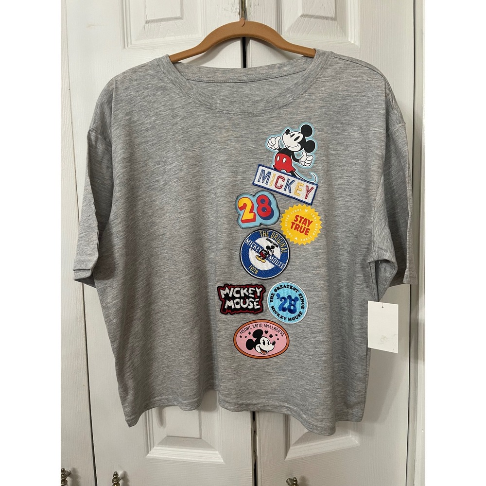 Disney Mickey Mouse Patch Graphic T-Shirt Heather Gray XL 15-17 Boxy Tee